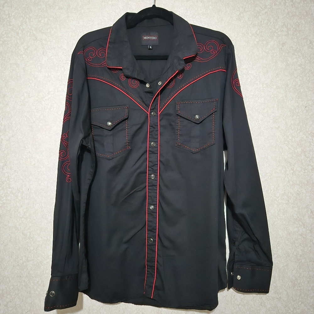 MONTERO Black Western Shirt with Red Embroidery Button Up Shirt...Size:XL